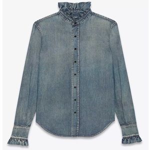 Saint Laurent Long Sleeve Denim Shirt with Ruffled Collar